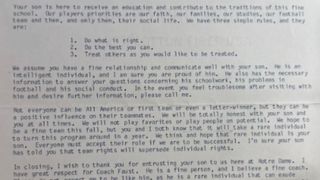 “God does not make mistakes.” Lou Holtz’s first letter to Notre Dame parents still reads like a coaching manifesto (Lou Holtz). Photo by Holtz's Heroes Foundation